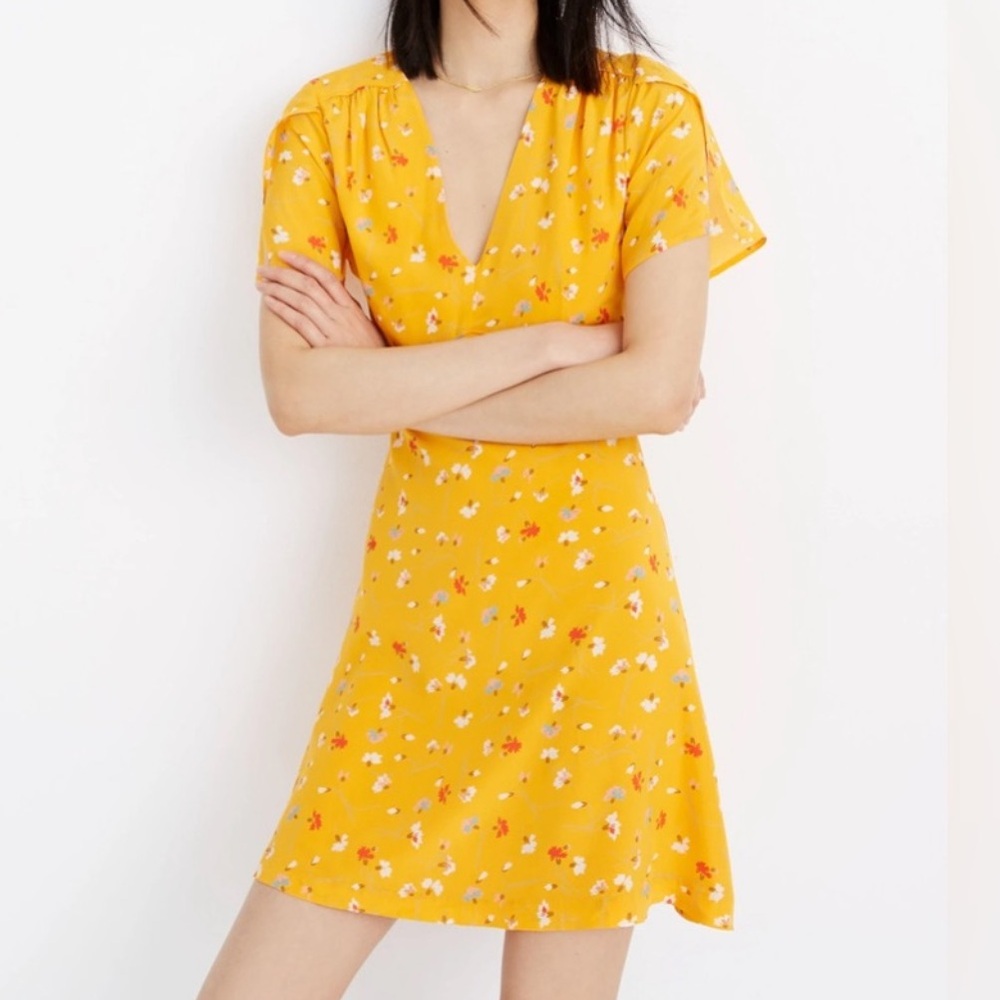 Madewell Silk Belladonna Floral Yellow V-Neck Dress